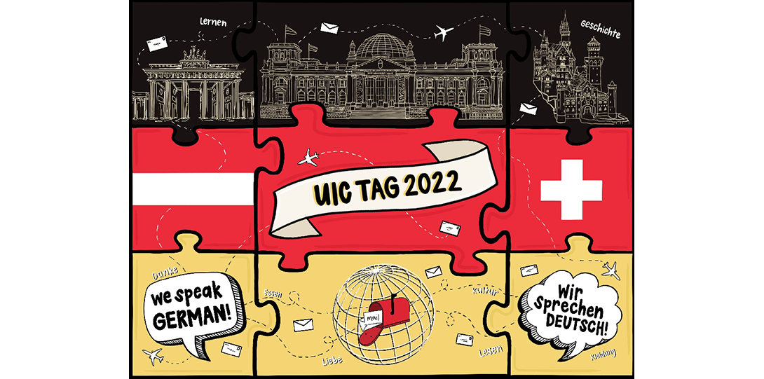 puzzle pieces with flags and landmarks of German-speaking countries and text reading 