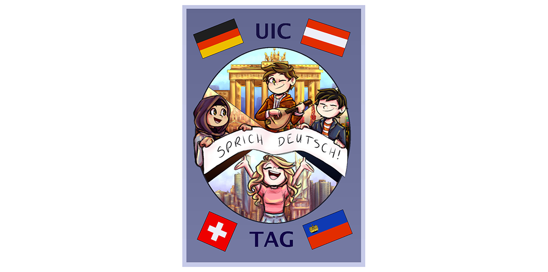 cartoon-style people in front of German landmarks surrounded by flags of German-speaking countries and the words 