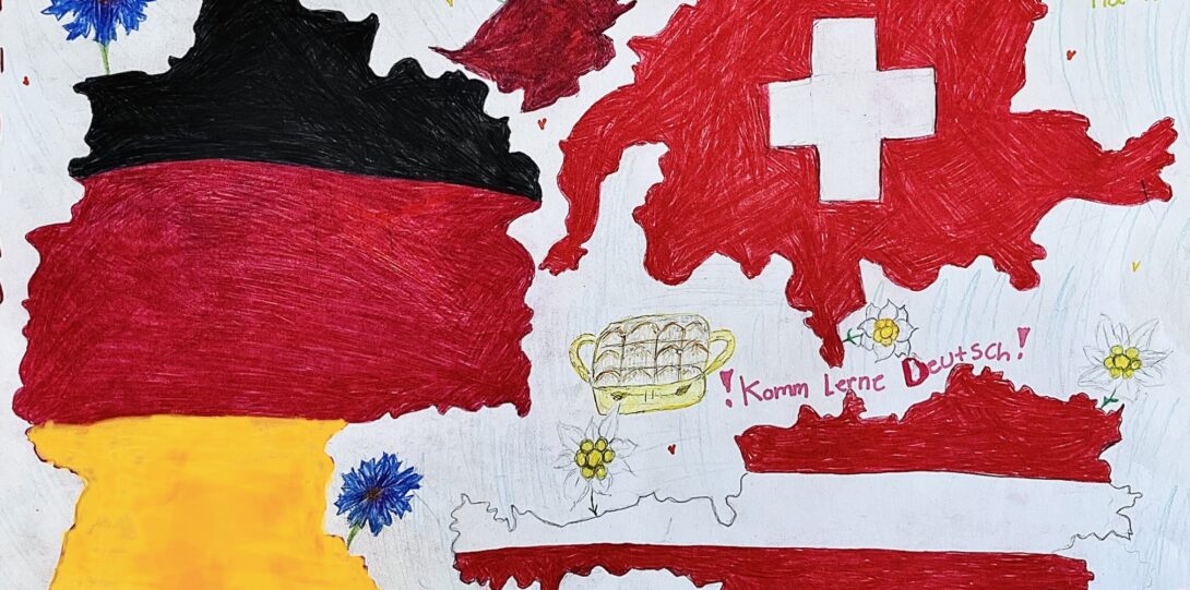 drawing of a map - countries colored with different flag colors (German flag, Swiss flag, Austrian flag)